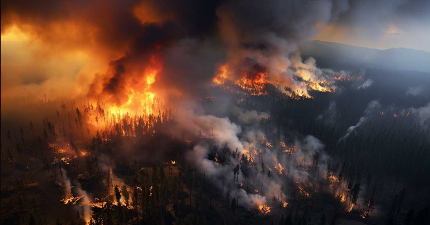 Incendio forestal visto desde el aire, con el frente de llamas y columnas de humo sobre la masa arbolada