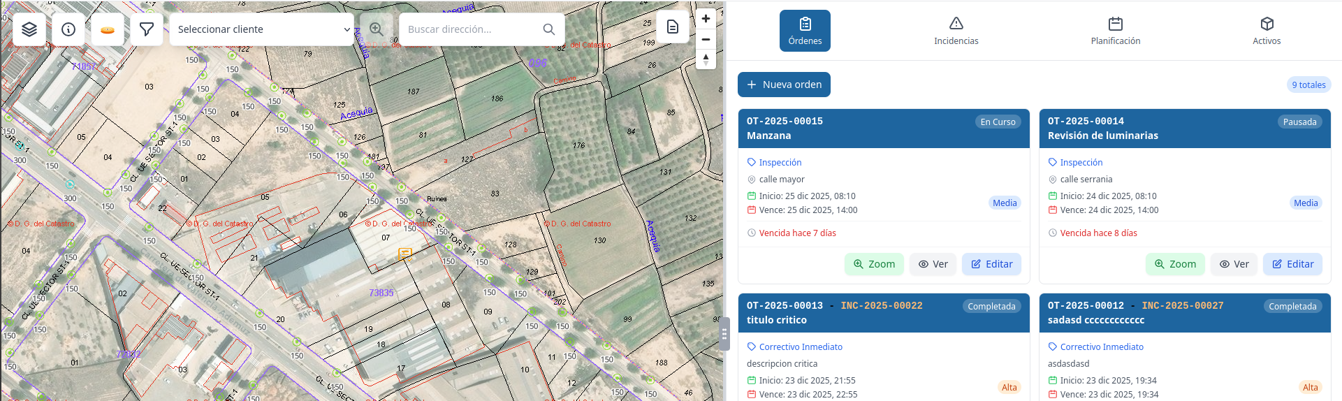 Pantalla de Maptainer con el inventario de servicios urbanos de un municipio sobre el mapa