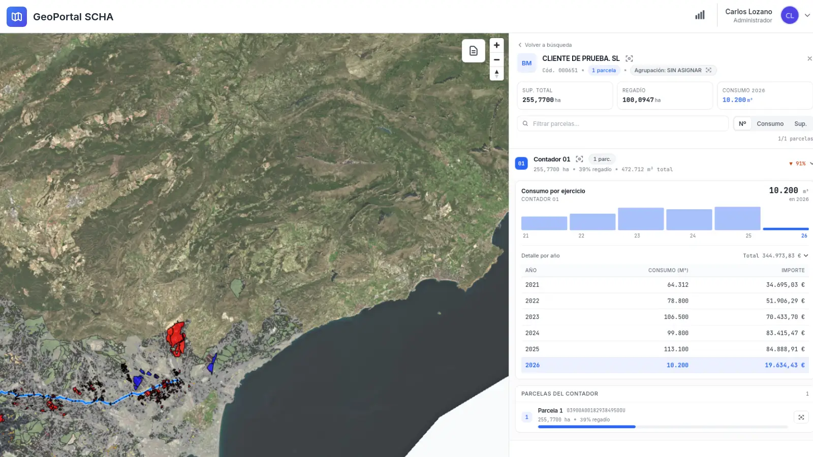 GeoPortal de la Sociedad del Canal de la Huerta de Alicante: ortofoto con parcelario y panel de consumos por contador y ejercicio